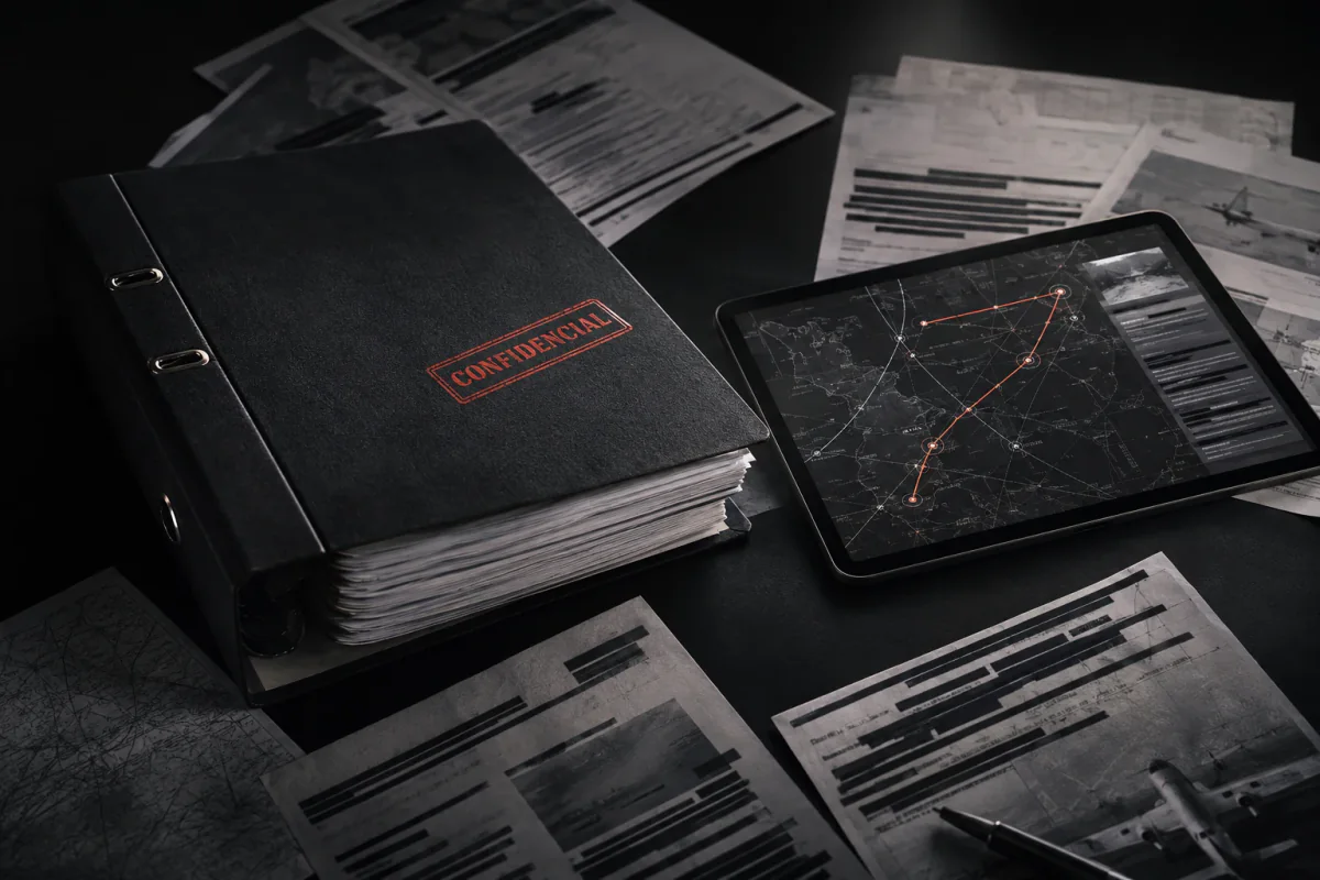 Pasta confidencial de investigação e tablet com mapas e documentos tarjados