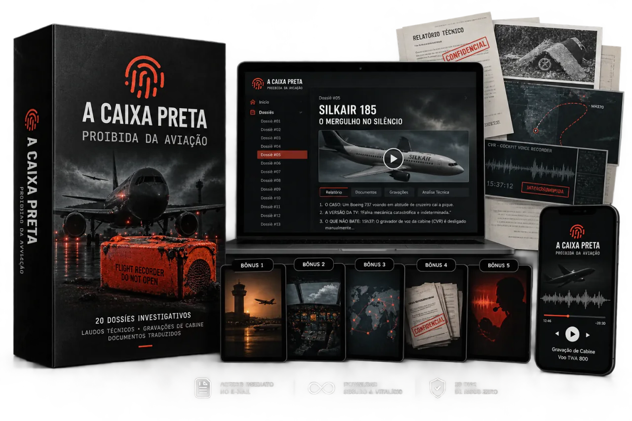 Mockup completo da Caixa Preta Proibida da Aviação com livro, plataforma digital, bônus e acesso móvel